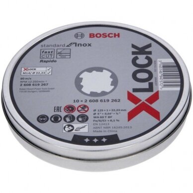 Pjovimo diskai BOSCH 125x1,0mm X-Lock Standart Inox, 300vnt. su priedu 2